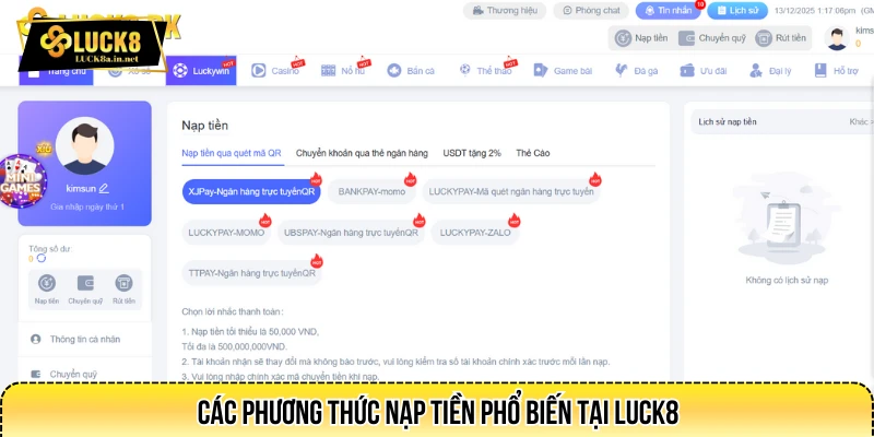 Các phương thức nạp tiền phổ biến tại LUCK8
